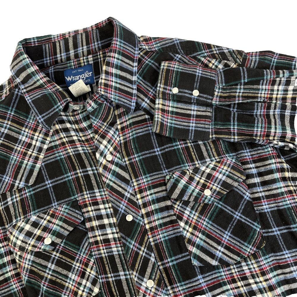 Mens Wrangler Western LS Pearl Snap Flannel Shirt Size 2XT Tall Plaid XXL